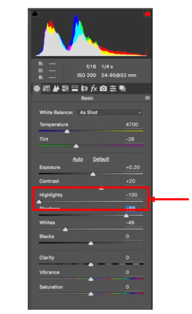 Adobe Lightroom Highlights Slider Example