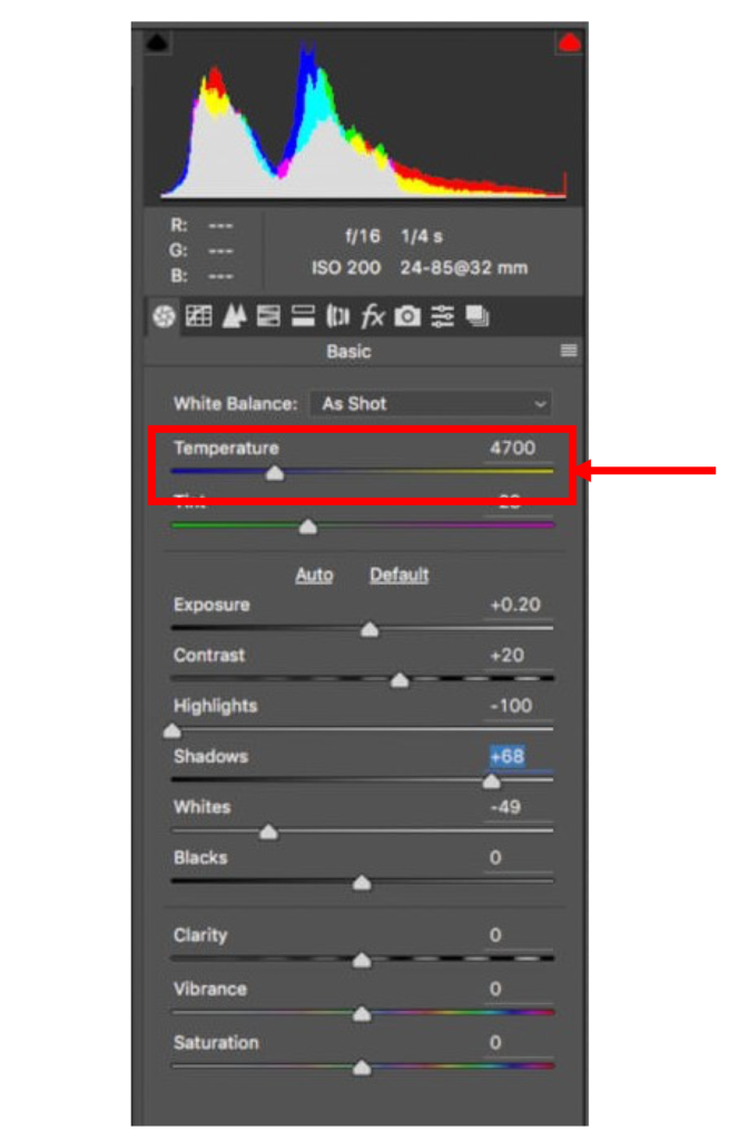 Adobe Lightroom Temperature Slider Example
